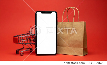 White screen mobile phone and shopping cart. Background: Simple. AI-generated material. White screen mobile phone and shopping cart. Background: Simple. AI-generated material. 131659673