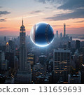 A giant, shiny blue baseball floating among skyscrapers at dusk A giant, shiny blue baseball floating among skyscrapers at dusk 131659693