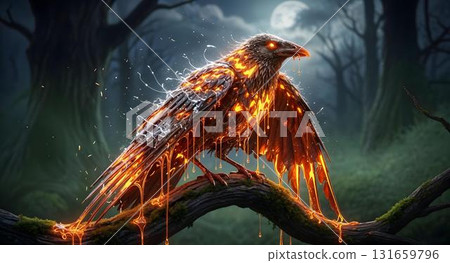 The Mystical Flaming Raven inhabiting a beautifully Enchanted Forest, full of wonder The Mystical Flaming Raven inhabiting a beautifully Enchanted Forest, full of wonder 131659796