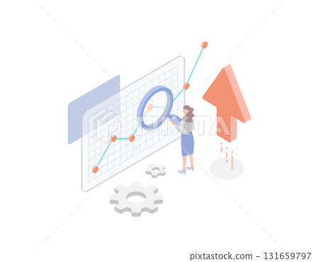 一位女性分析師在上升線圖上分析資料的等距商業插圖(向量) 一位女性分析師在上升線圖上分析資料的等距商業插圖(向量) 131659797