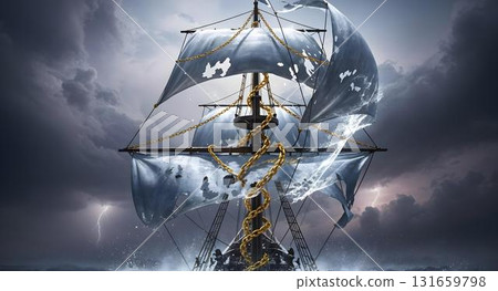A Majestic Sailing Ship Stands Tall Amidst the Turbulent and Stormy Seas Around It 131659798