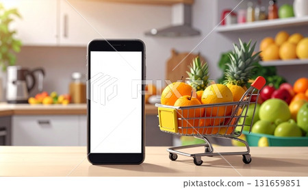 White screen mobile phone and shopping cart. Background: kitchen. AI-generated material. 131659851
