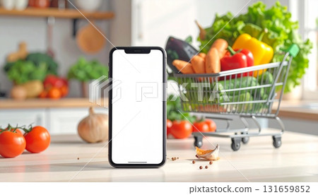 White screen mobile phone and shopping cart. Background: kitchen. AI-generated material. 131659852