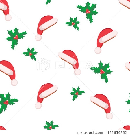 Seamless pattern with Santa hat and holly leaves Seamless pattern with Santa hat and holly leaves 131659862