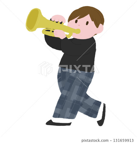 Hand-drawn color illustration of a person playing the trumpet 131659913