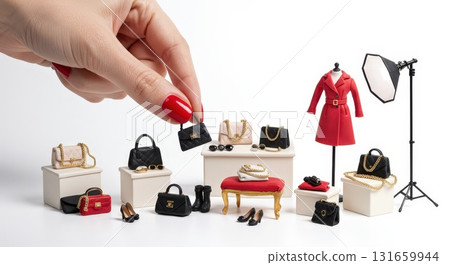 可愛且精細的時尚物品、包包、鞋子和衣服的微縮模型 131659944