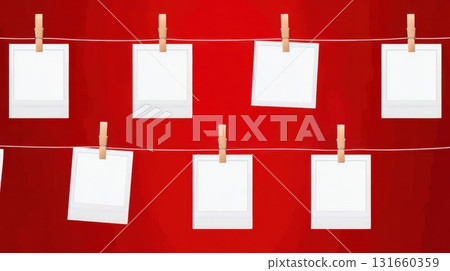 Empty photo frames on clothesline with red background 131660359