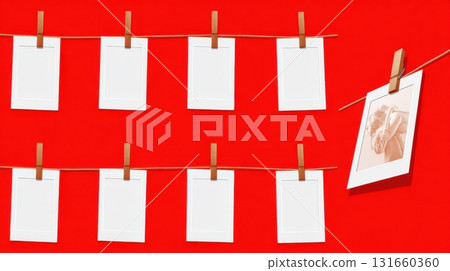 Empty photo frames on clothesline with red background 131660360