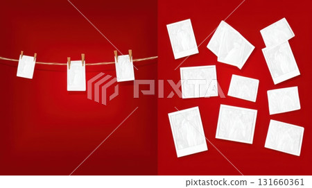 Empty photo frames on clothesline with red background 131660361