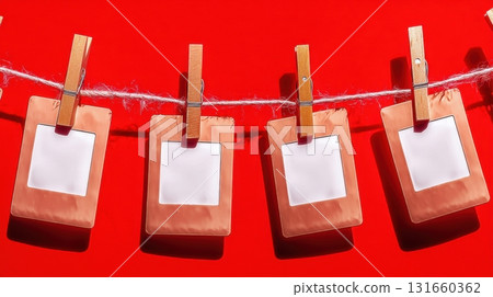 Empty photo frames on clothesline with red background Empty photo frames on clothesline with red background 131660362