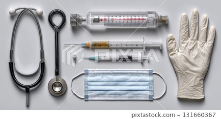 Flat lay of medical tools on white background Flat lay of medical tools on white background 131660367