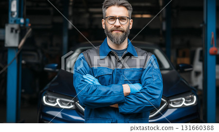 Auto mechanic repairing car in garage with tools 131660388