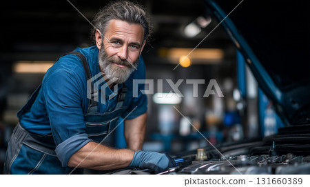 Auto mechanic with wrench working on car engine in garage 131660389