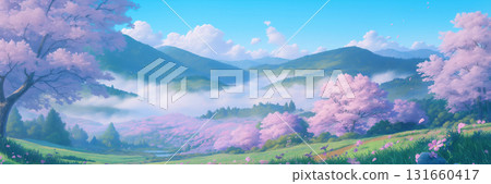 櫻花樹和山景,複製空間 櫻花樹和山景,複製空間 131660417