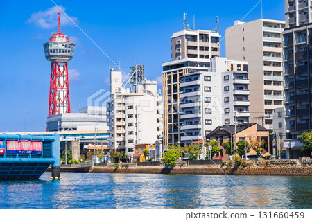 Hakata Port Tower seen from a boat on the Naka River in Fukuoka 131660459