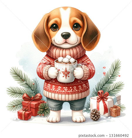 Christmas illustration 2 of a beagle wearing a red sweater holding hot chocolate / material for flyers and posters 131660492