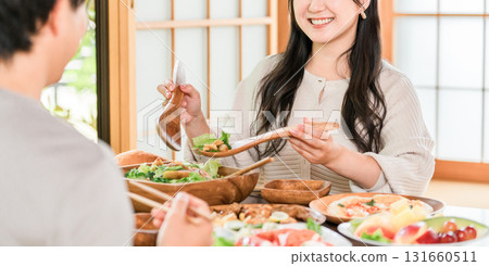 Men and women/couples traveling and eating lunch/delicacies at a hot spring inn 131660511