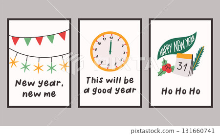 Collection of three simple New Year and Christmas posters. Trendy winter vector poster set with quotes. Hand drawn doodle cozy posters for home decor and interior. Collection of three simple New Year and Christmas posters. Trendy winter vector poster set with quotes. Hand drawn doodle cozy posters for home decor and interior. 131660741