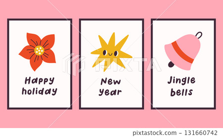 Collection of three simple New Year and Christmas posters. Trendy winter vector poster set with quotes. Hand drawn doodle cozy posters for home decor and interior. 131660742