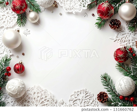 Natural Christmas background decorated with lace patterned paper and snowflakes 131660762