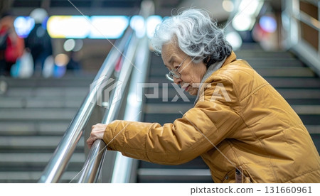 Image of an elderly person slowly climbing the stairs at the station while using the handrail due to knee pain. Senior woman's daily life 131660961