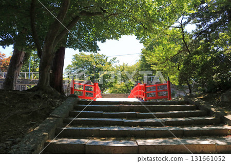 Morioka Castle Ruins Park, overlooking the main keep across Tounbashi Bridge 131661052