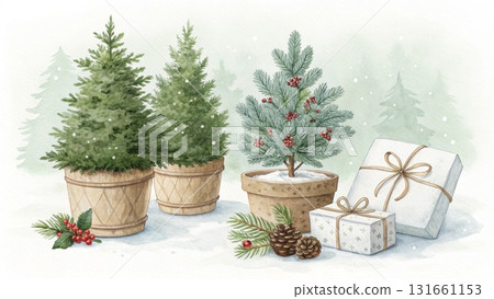 A cozy watercolor illustration of small Christmas trees in pots surrounded by snow 131661153