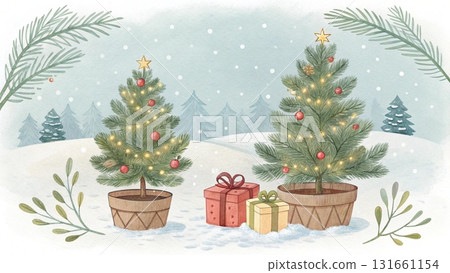 A cozy watercolor illustration of small Christmas trees in pots surrounded by snow 131661154