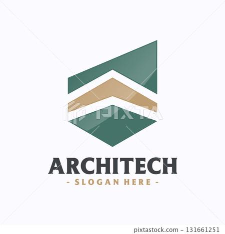 Modern building with arrow logo vector. Hexagon logo. Creative geometric logo design concept. 131661251