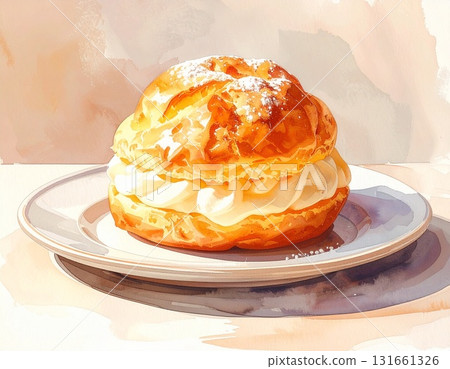 A watercolor illustration of a cream puff on a plate in soft pastel colors 131661326