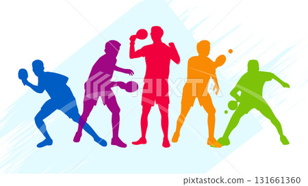 Colorful Table Tennis Player Silhouettes Background. Five player silhouettes in dynamic action poses set against a light abstract background with brush stroke effects. Colorful Table Tennis Player Silhouettes Background. Five player silhouettes in dynamic action poses set against a light abstract background with brush stroke effects. 131661360