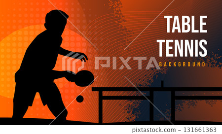 Dynamic Table Tennis Silhouette Background. Player silhouette in action, set against a blue and orange gradient backdrop with abstract line patterns and halftone effects. Dynamic Table Tennis Silhouette Background. Player silhouette in action, set against a blue and orange gradient backdrop with abstract line patterns and halftone effects. 131661363