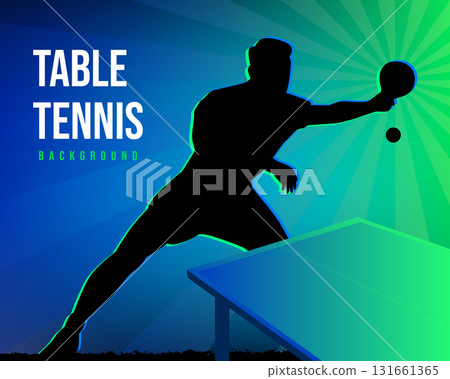 Dynamic Table Tennis Silhouette Background. Energetic black player silhouette in action with vibrant blue and green gradient effects. 131661365