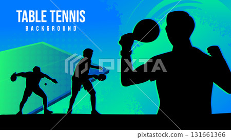 Dynamic Table Tennis Background. Multiple player silhouettes in action poses, set against a blue and green gradient backdrop with abstract shapes and textures. 131661366