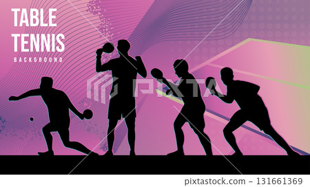 Pastel Gradient Table Tennis Silhouette Background. Player silhouette in action, set against a soft pink, purple, and blue gradient backdrop with abstract circular patterns and halftone effects. 131661369