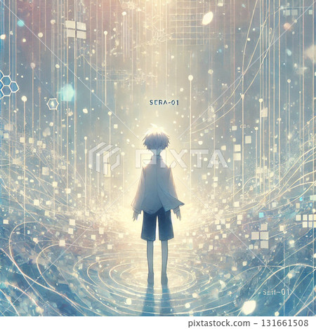 Boy standing facing a futuristic city 131661508