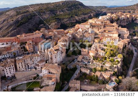 Drone view of Spanish city of Cuenca on rocky ledge Drone view of Spanish city of Cuenca on rocky ledge 131661637