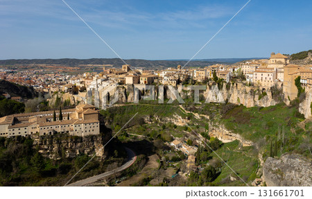 Historic walled town of Cuenca - Spain. This view shows the Hanging Houses perched on cliffside 131661701