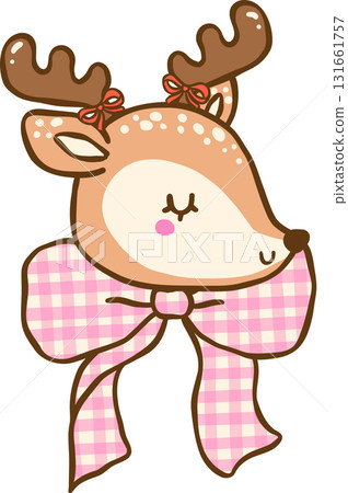 Cute  Gingham Christmas Deer with Pink Plaid Bow Illustration Hand Drawn, Coquette Preppy Christmas 131661757