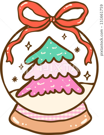 Gingham Christmas Snow Globe Christmas Tree Illustration Hand Drawn, Coquette Preppy Christmas 131661759