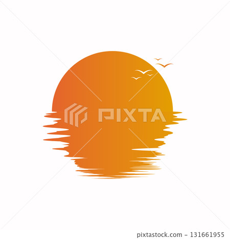 Minimal sunset reflection with flying birds illustration Minimal sunset reflection with flying birds illustration 131661955