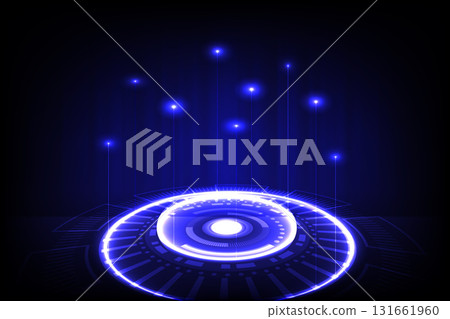 Futuristic glowing blue circle with digital light beams on dark background Futuristic glowing blue circle with digital light beams on dark background 131661960