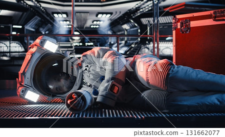 Cosmonaut collapses from sudden illness during major space station failure starting red light alert. Warning lights flashing over unconscious astronaut suffering medical crisis in spacecraft 131662077