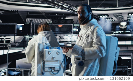 Astronaut checking human expansion in space mission data on laptop during cosmic journey. Orbit station crew managing systems using notebook during mankind survival expedition 131662109