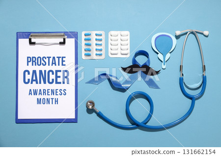 Prostate cancer month essentials on blue backdrop Prostate cancer month essentials on blue backdrop 131662154