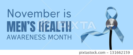 Text highlighting mens health awareness month with a blue ribbon 131662159