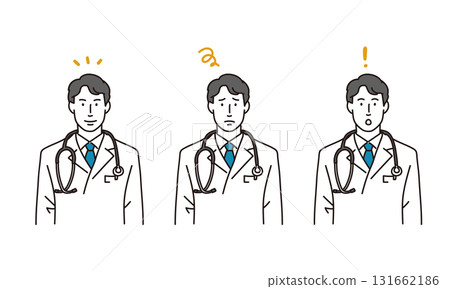 身穿白大褂的年輕男醫生面部表情變化的插圖集 131662186