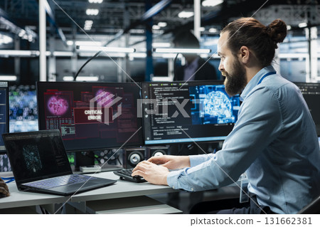 Data center programmer struggling to fix malfunctions while using AI tools. Server hub worker receiving critical error while using artificial intelligence to optimize system health 131662381