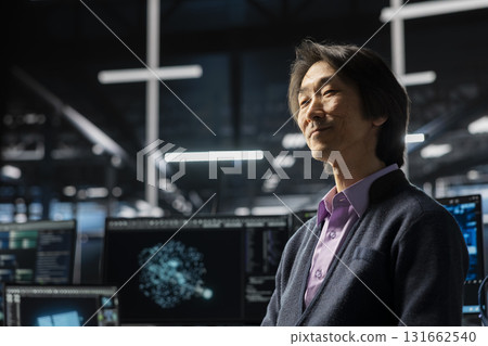 Happy engineer in data center using deep learning LLM assistant to do maintenance on gear rigs. Smiling Asian man in server hub using large language model chatbot to do backups Happy engineer in data center using deep learning LLM assistant to do maintenance on gear rigs. Smiling Asian man in server hub using large language model chatbot to do backups 131662540