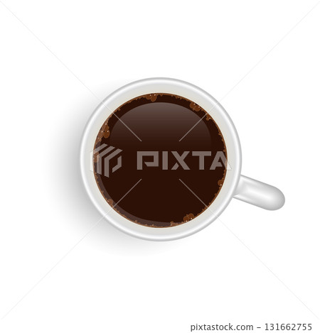 Top view of hot black coffee in white ceramic cup on white background Top view of hot black coffee in white ceramic cup on white background 131662755